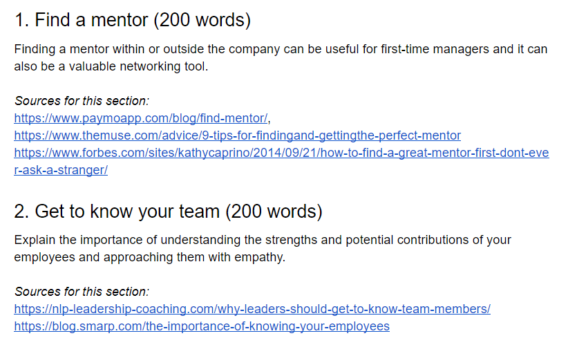 example of content research results in an writer's brief